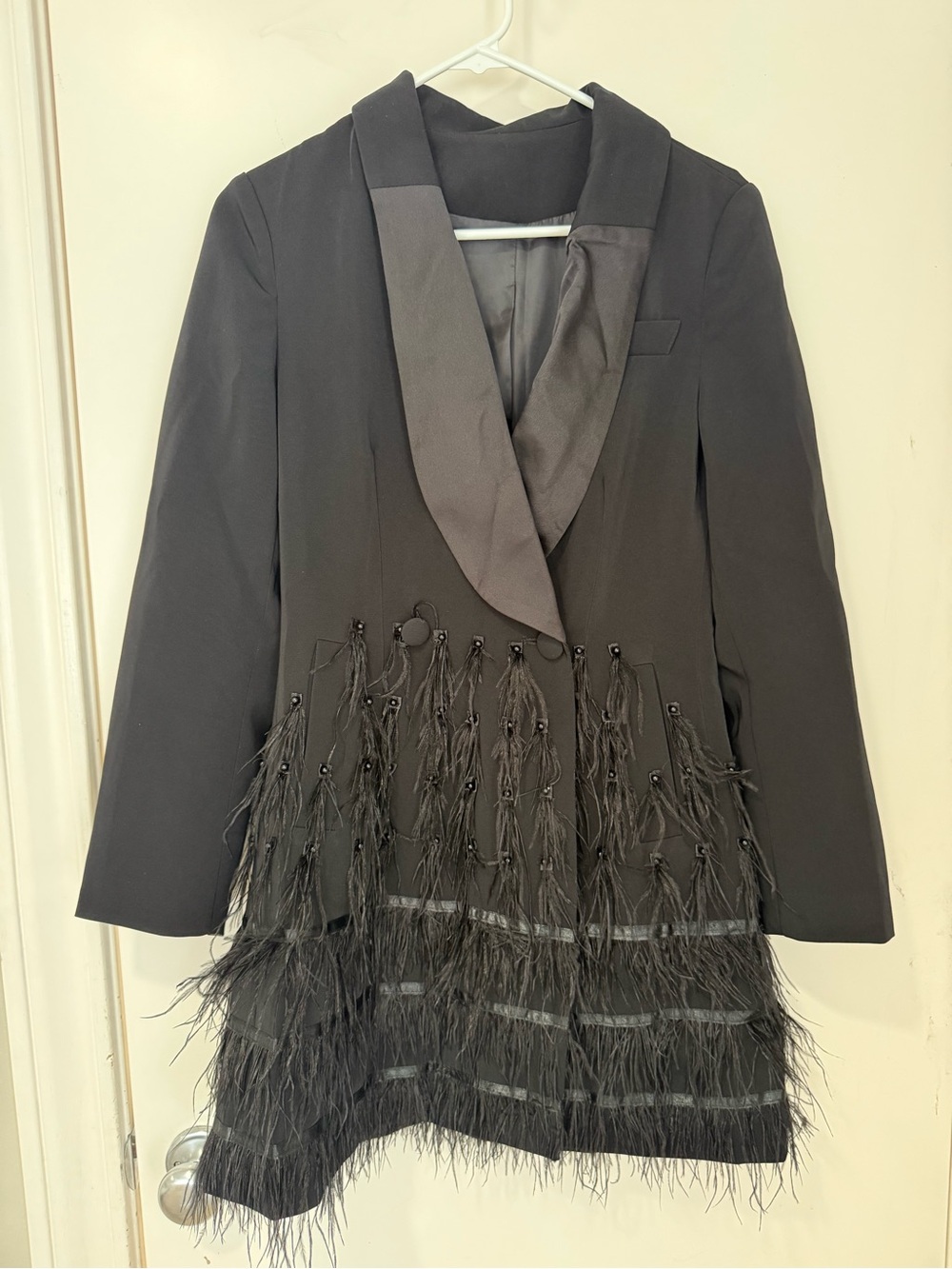 Black Feather-Trim Long Blazer Jacket - Women's